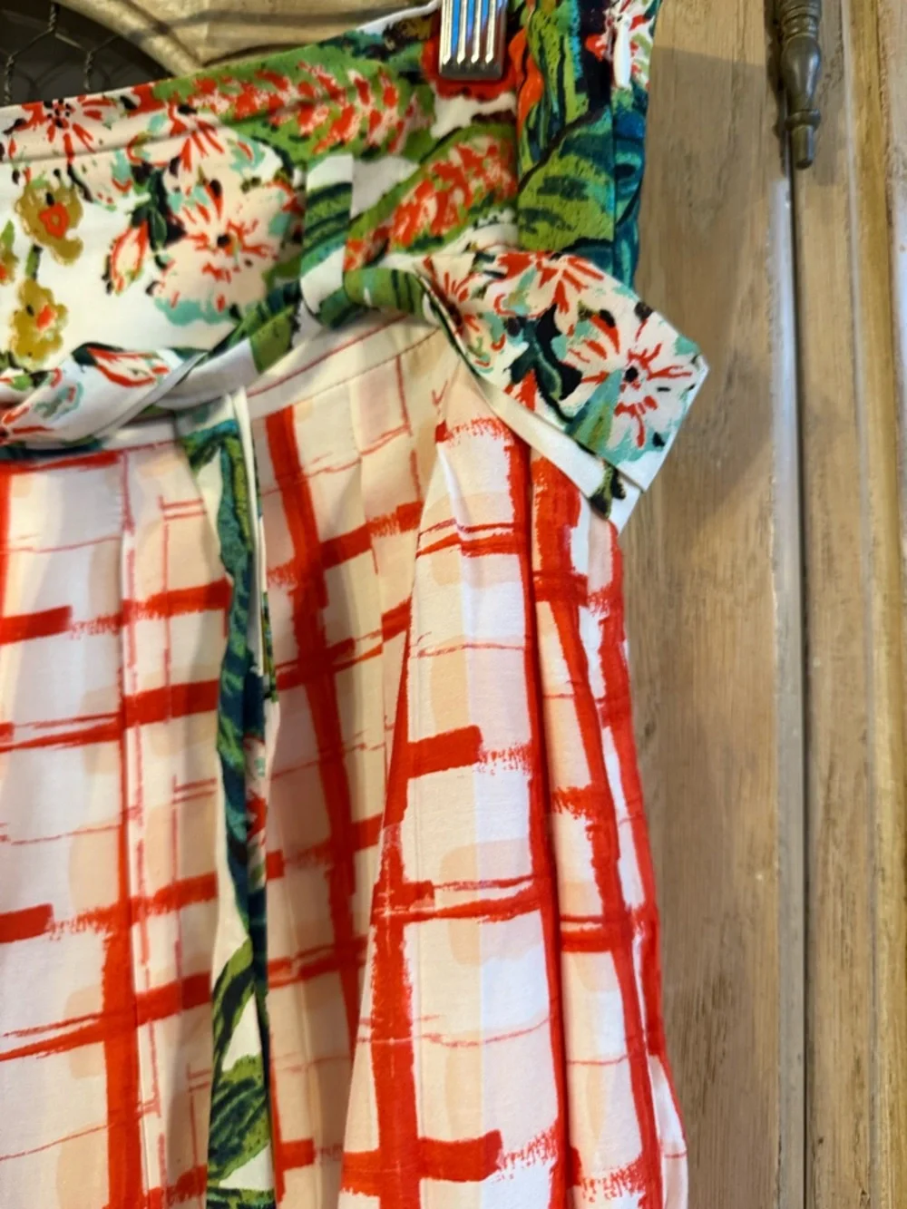 Maeve Anthro Floral Waistband Red Grid A-Line Skirt - Picture 2 of 6